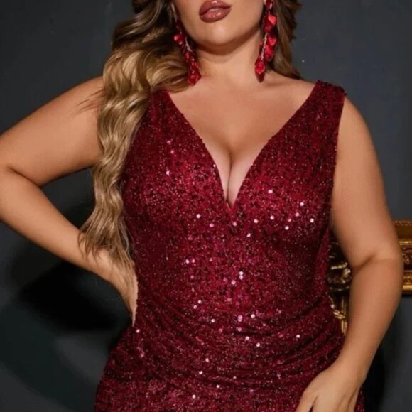 Faeriesty Sequin Burgundy Red Plunge Neckline V back Sleeveless Long Dress 3XL - Picture 12 of 14